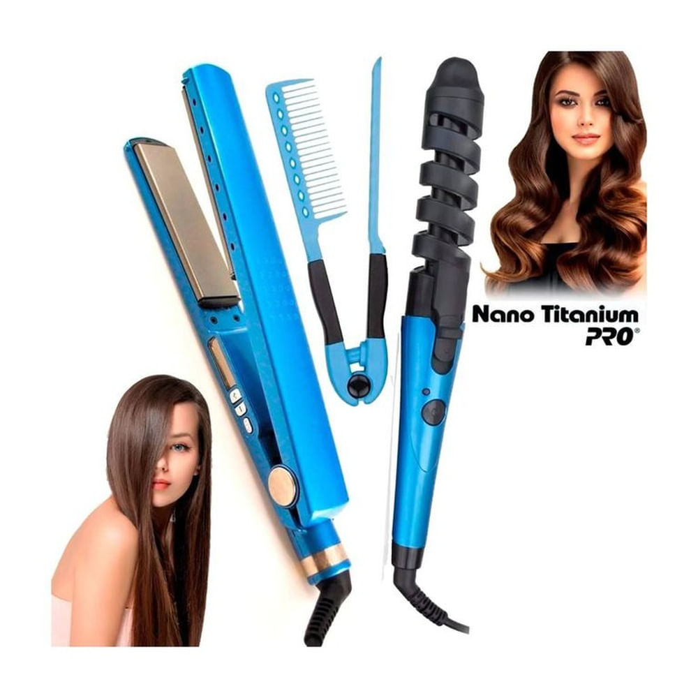 Trio Nano Plancha Alisador Tenaza Rizador Ondulador Peineta