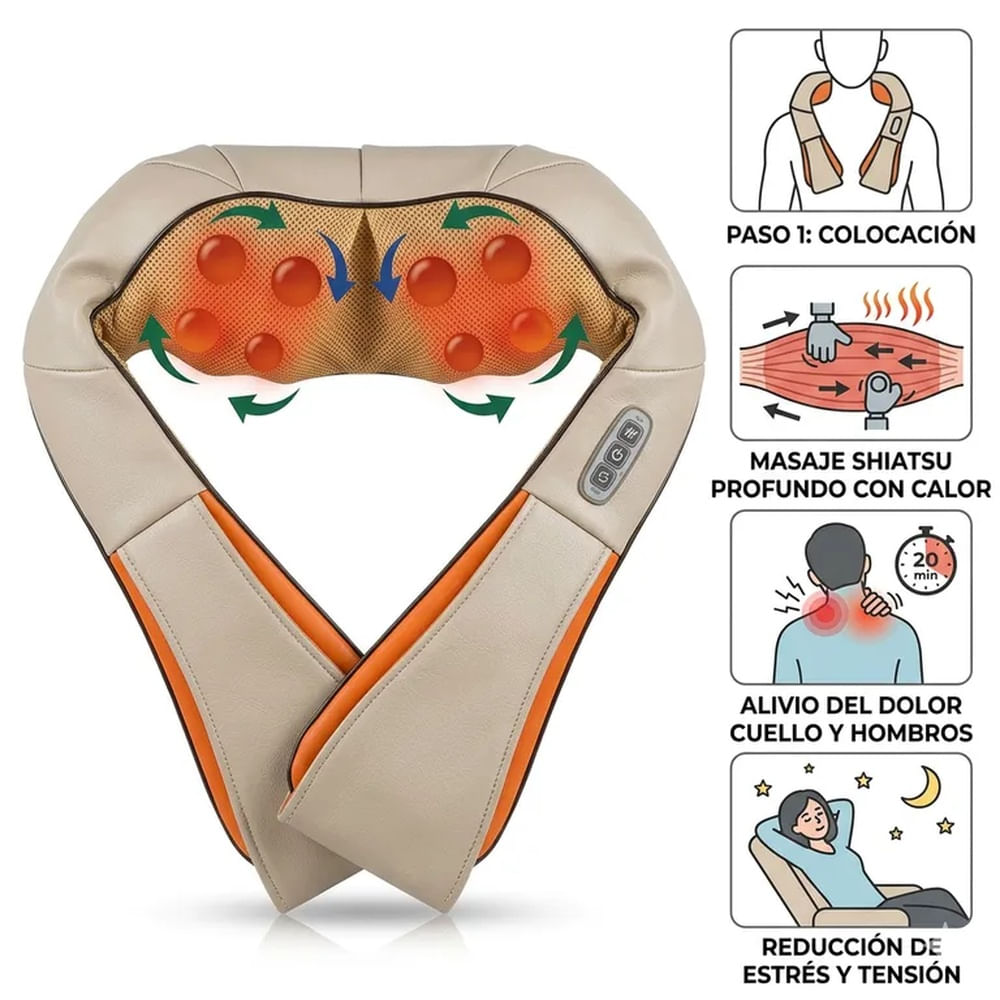 Masajeador Corporal Shiatsu 3D con Calor - Alivia Contracturas en Cuello, Espalda y Piernas