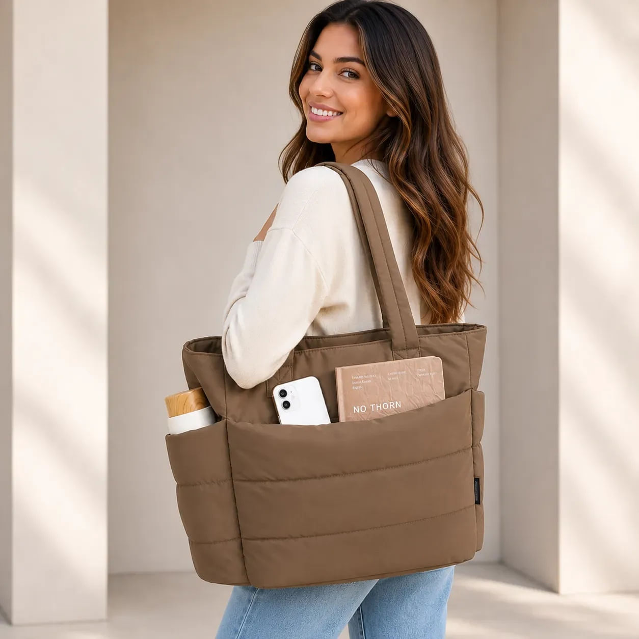 BOLSO PUFFER PORTALAPTOP PARA MUJER TOP TAUPE