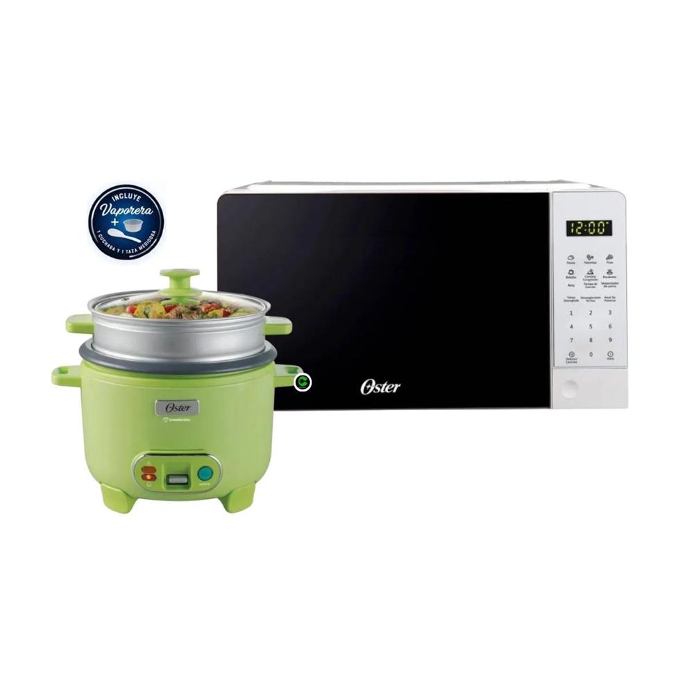 Combo Horno Microondas Digital 20 litros y Olla Arrocera Oster 3 en 1 de 10 tazas CKSTRC10DFGRN