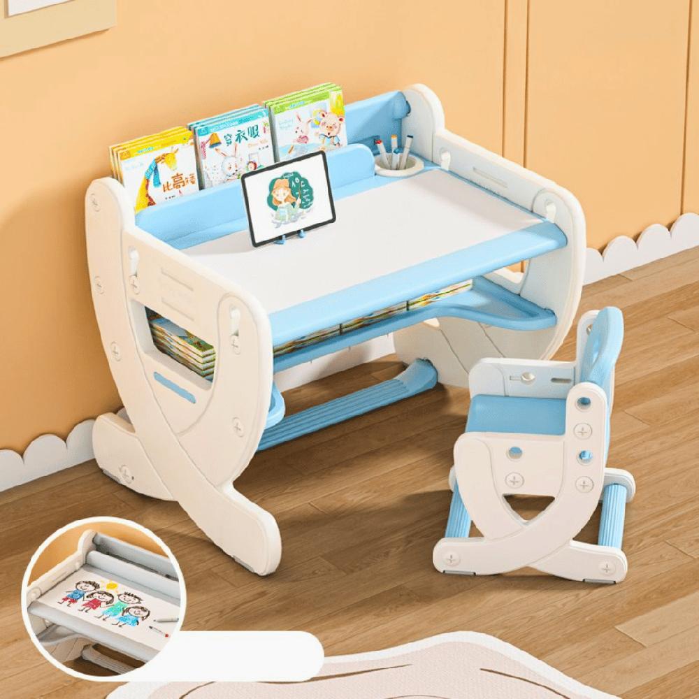 Set Escritorio y Silla Montessori Altura Regulable con Pizarra Acrílica Celeste infantil