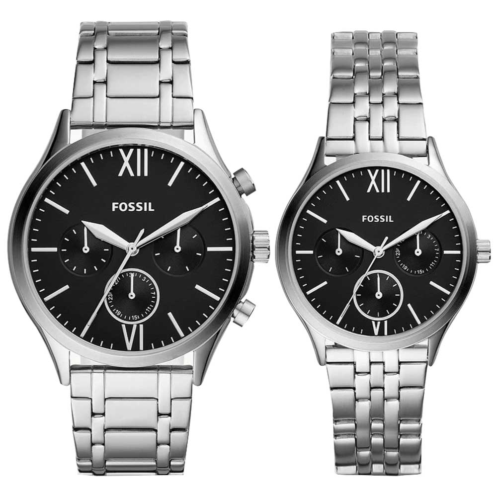 Reloj Fossil Fenmore BQ2469SET Set 2 Relojes Hombre y Mujer Plateado Dial Negro