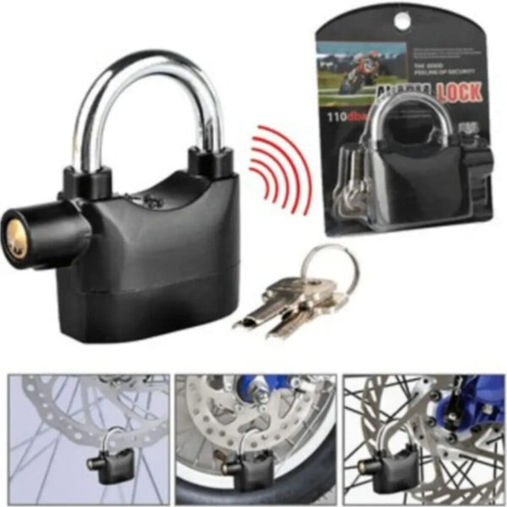CANDADO SEGURIDAD CON ALARMA MOTO BICICLETAS SCOOTER PUERTAS