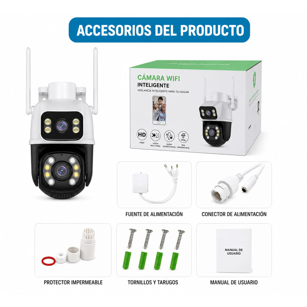 Cámara WiFi PTZ 360 doble lente 3K HD alarma y aud
