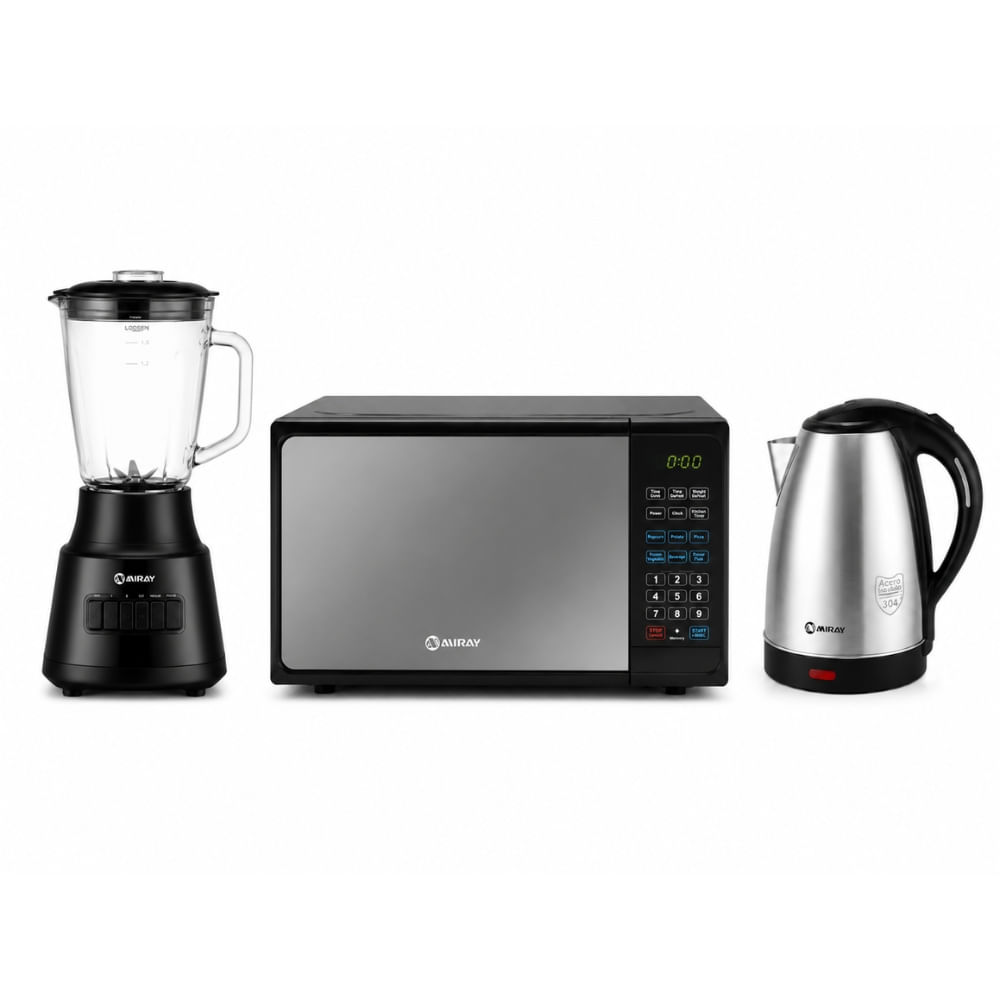 Combo Licuadora 1.5L 600W Más Horno Microondas 20L Más Hervidor 1.8 Litros Plata