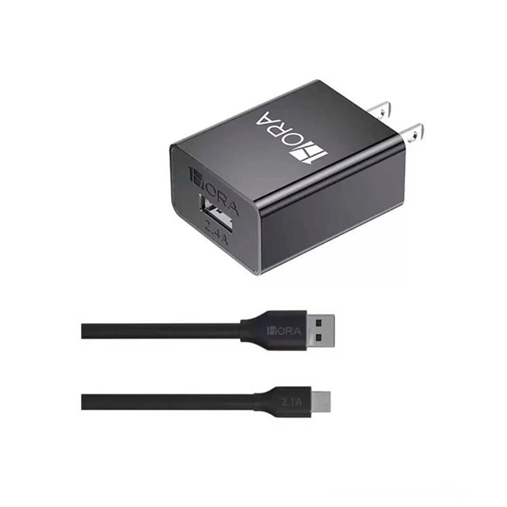 COMBO CARGADOR DE PARED 1HORA 12W 2.4A USB CON CABLE MICRO USB- V8 1M NEGRO