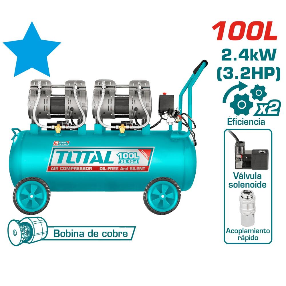 COMPRESOR DE AIRE SILENCIOSO 100L 3.2HP 2400W 8 BAR 75DB INDUSTRIAL TOTAL - TCS2241008-5