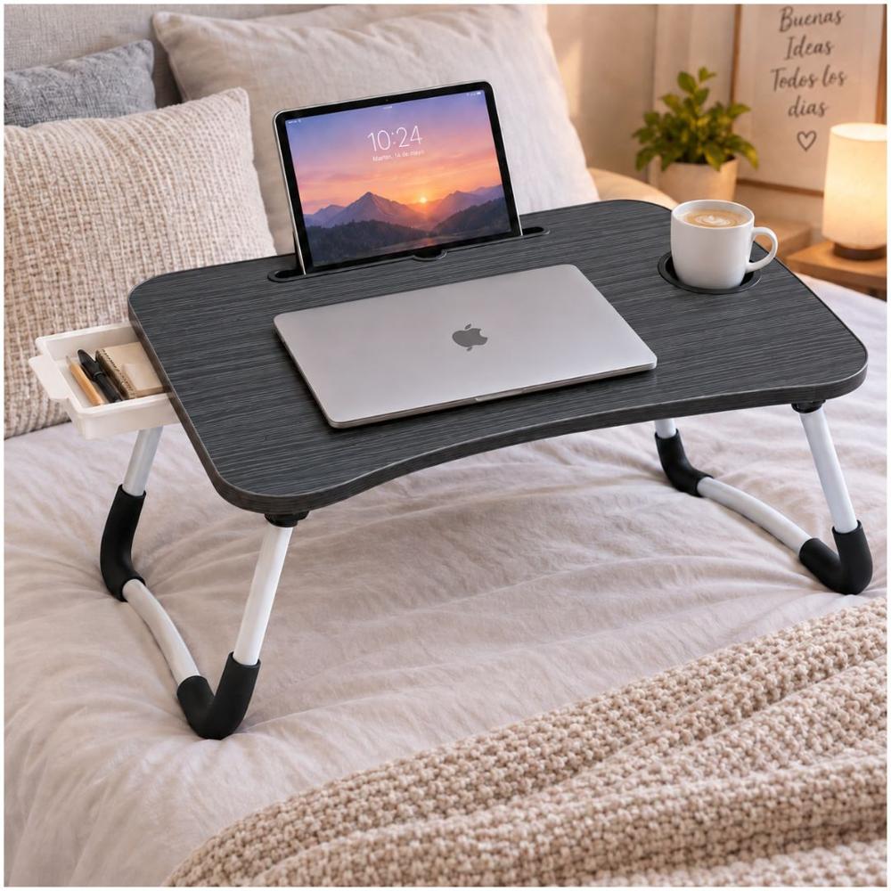Mesa Plegable para Laptop con Portavasos Soporte Tablet y Cajón Lateral 60x40cm Negro