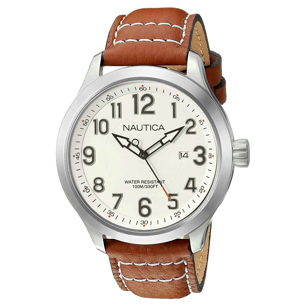 Reloj Nautica NCC 01 NAD10005G Fecha Correa De Cuero Marrón Blanco