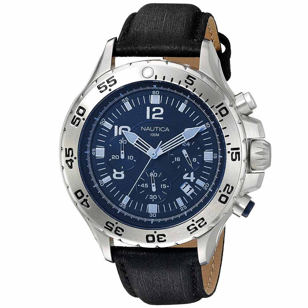 Reloj Nautica NST NAD19536G Fecha Cronómetro Correa Cuero Negro Azul