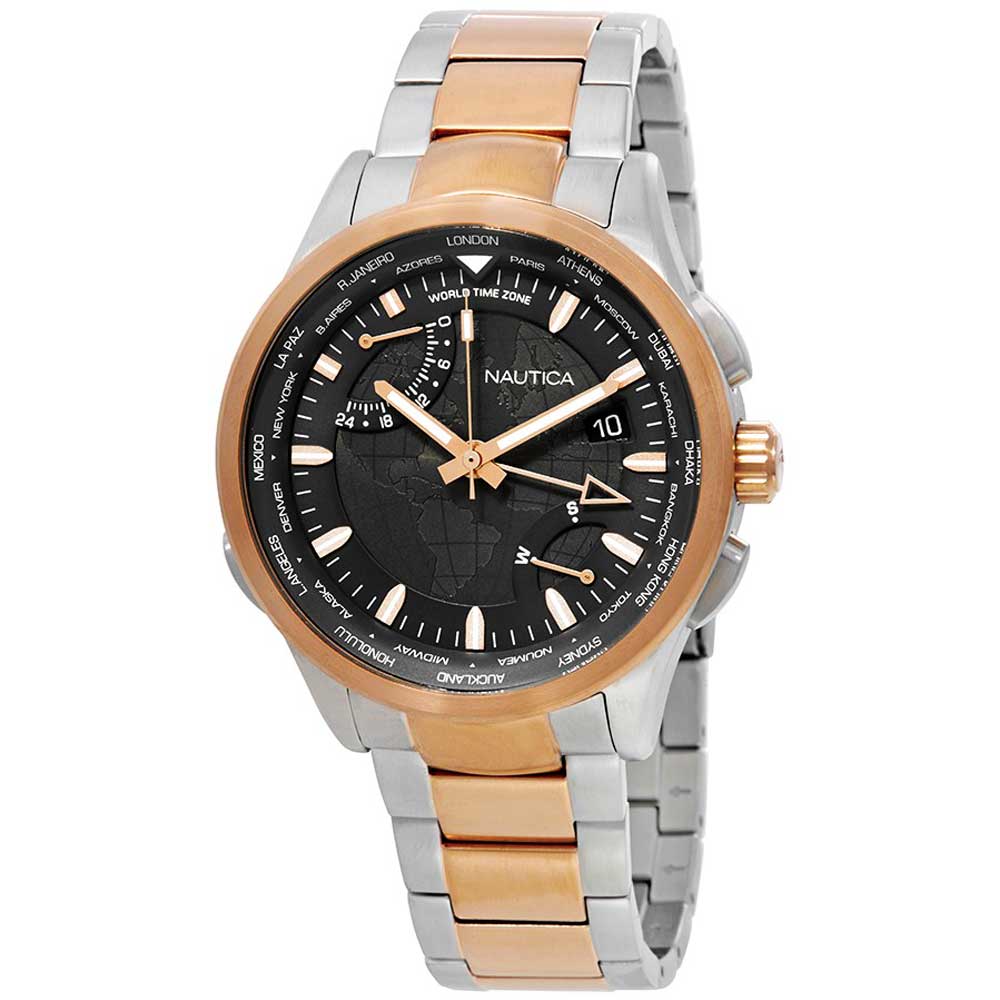 Reloj Nautica GMT NAPSHG004 Fecha Hora Mundial Acero Plateado Dorado