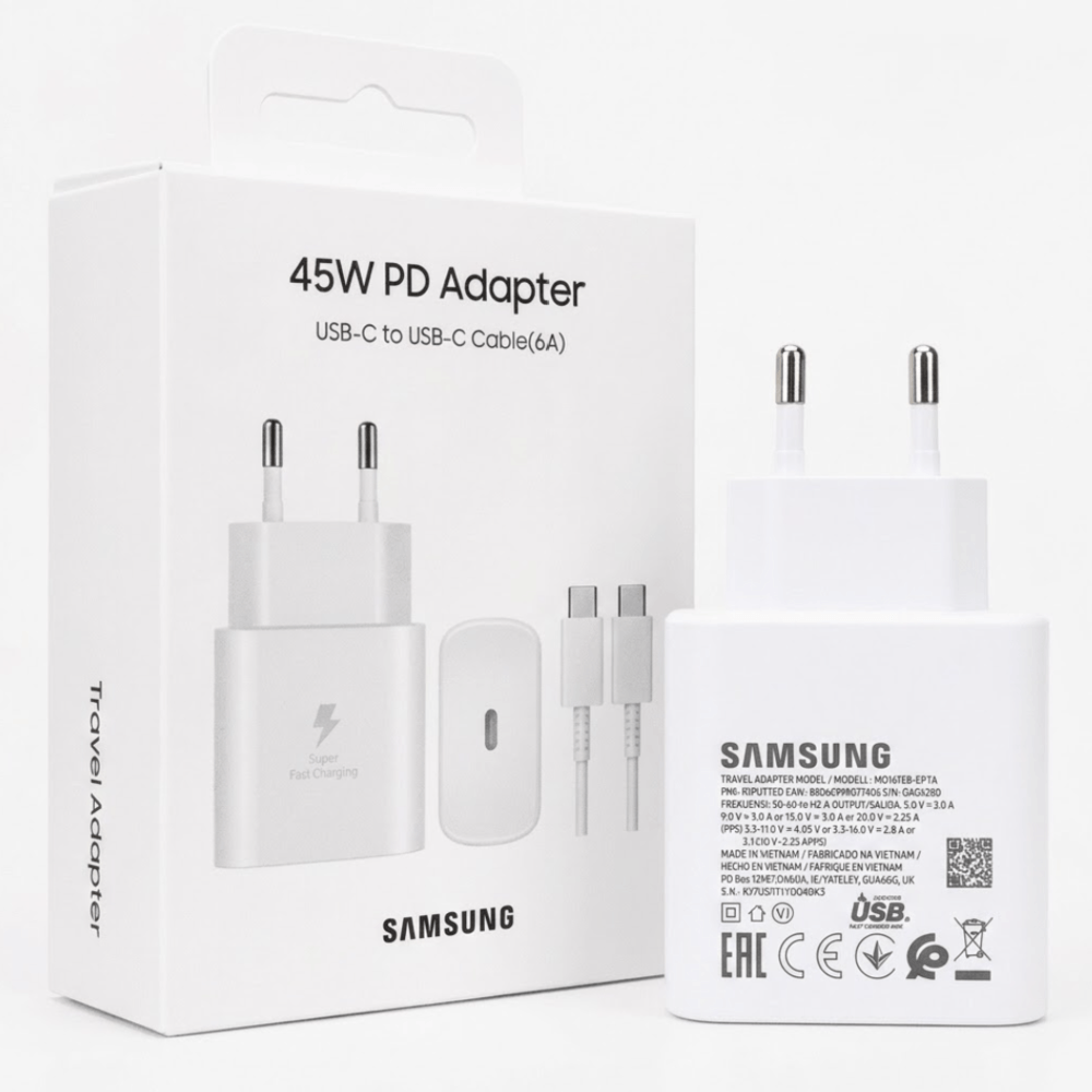 Cargador Samsung 45W Carga Rápida combo Cable Usb C Blanco