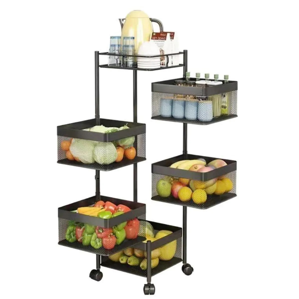 Cesta Carrito de Cocina Giratorio Organizador de 5 Niveles con Ruedas Negro
