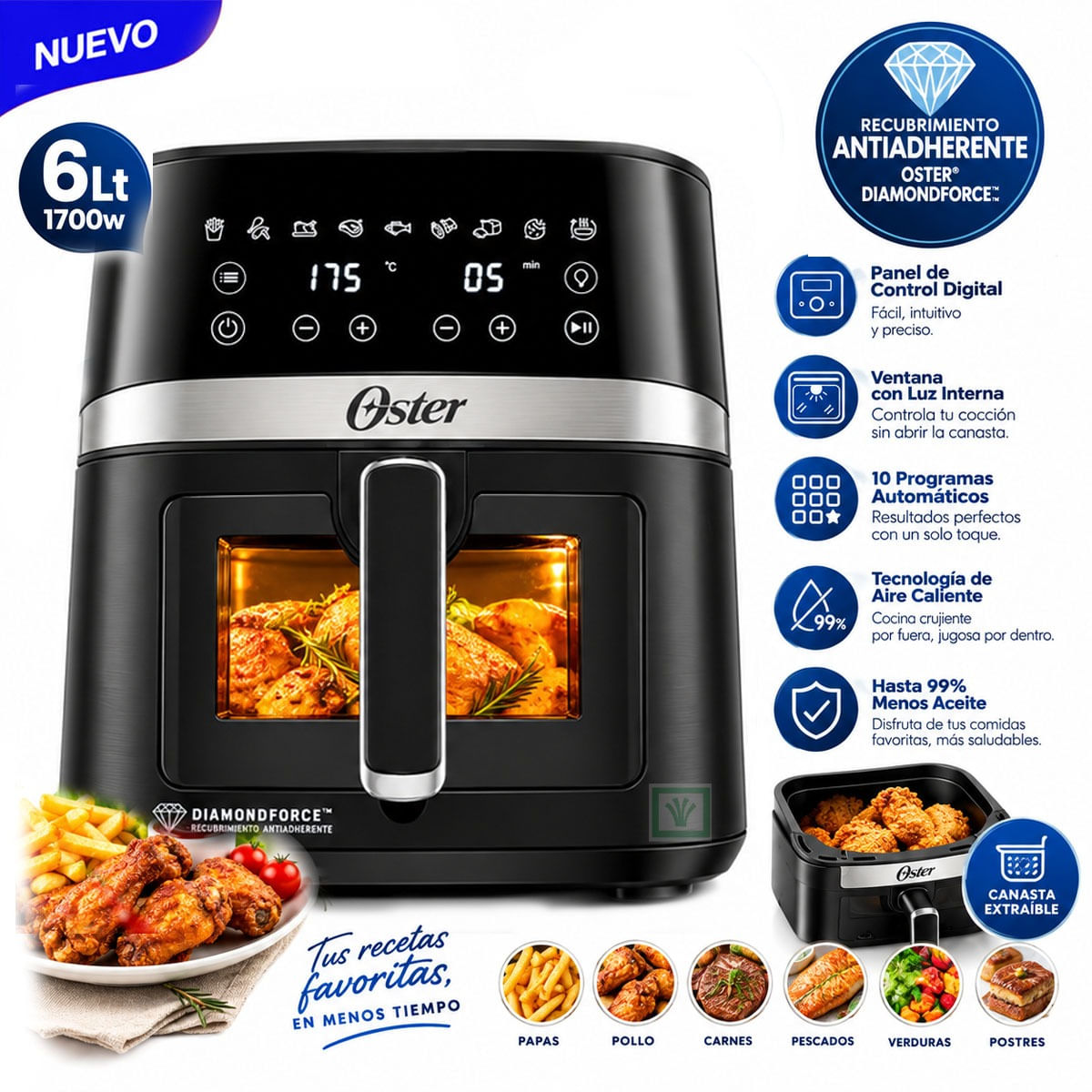 Freidora de Aire Digital Oster 10 Programas 6 Lts CKSTAF60WDDF