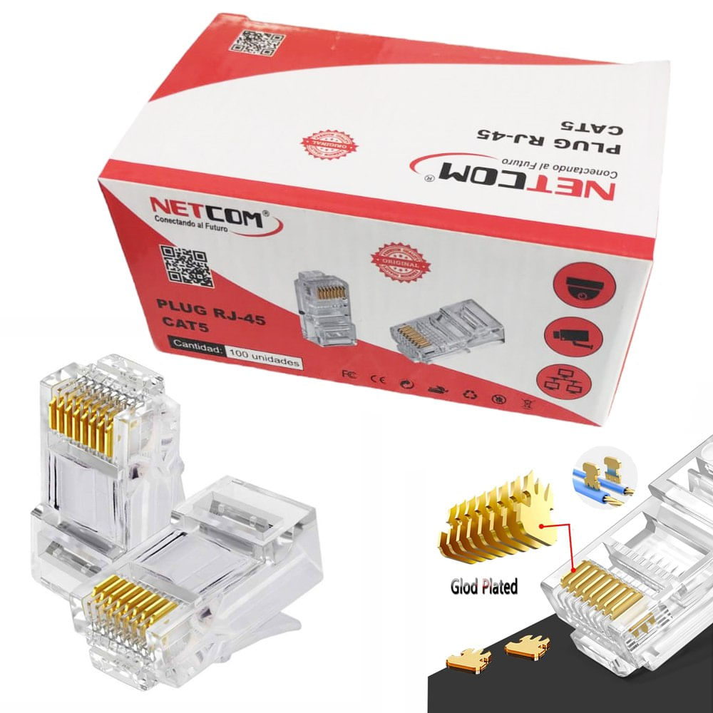 Conector Rj45 Cat 5 Cat5e NETCOM Para Extensión X 100 Unidades