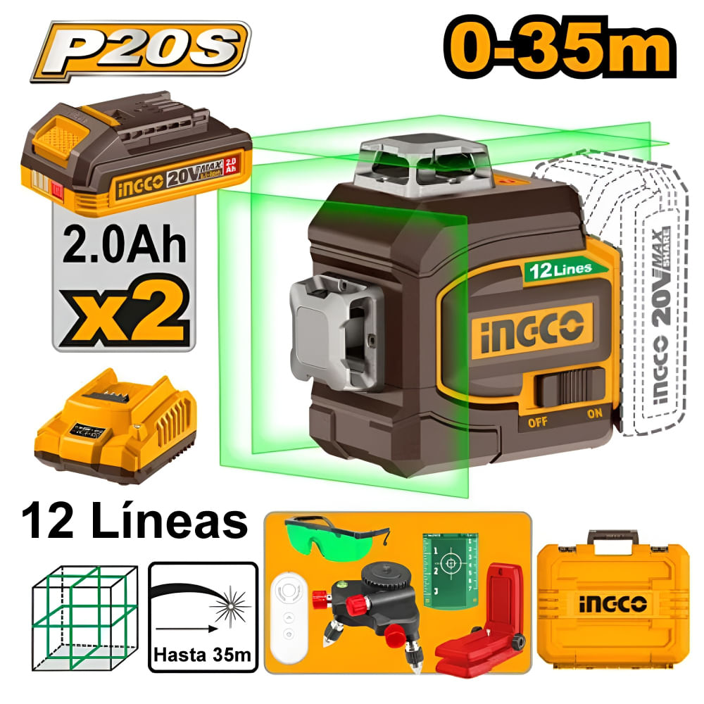 Nivel Láser 12 Líneas Verde INGCO 20V 360 3D 35M  2 Baterías 2.0Ah  1 Cargador HLL3012165