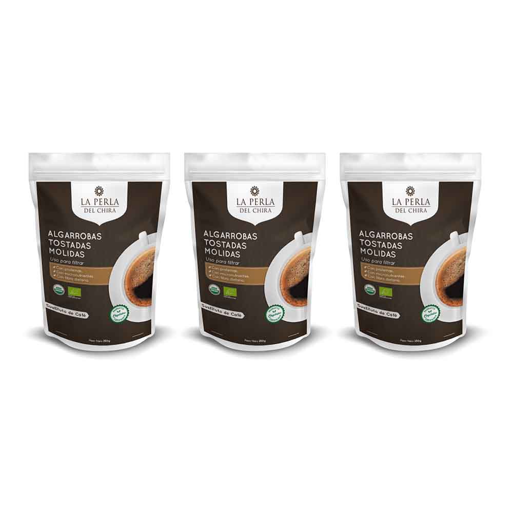 Pack algarrobas tostadas molidas uso para filtrar LA PERLA DEL CHIRA doypack 250gr x 3 und