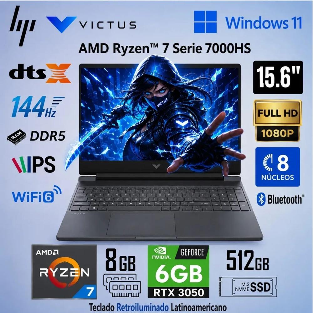 Laptop HP Victus 15-FB3018LA  AMD Ryzen 7 7445H 8GB RAM 512GB SSD RTX 3050-6GB 15.6 FHD - 144Hz