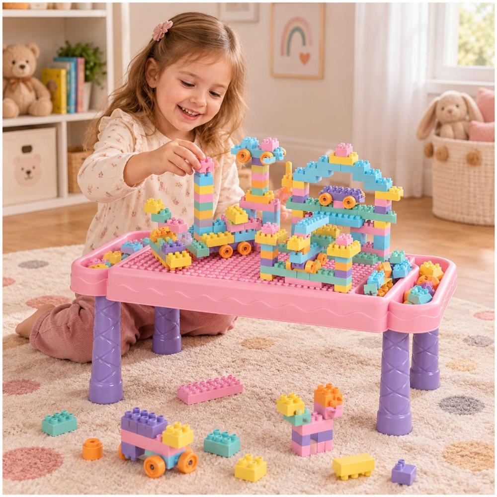 Mesa Didáctica Infantil Bloques de Construcción 88 Piezas Rosado