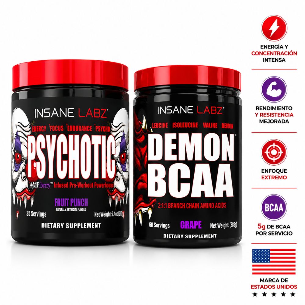 Combo Insane Labz Psychotic Pre Entreno 210G  Más Demon BCAA Grape 60 Servicios Aminoácidos