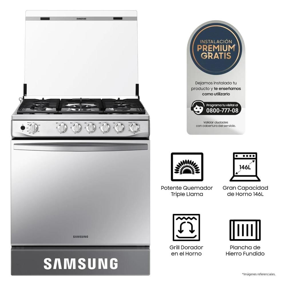 Cocina de Pie a Gas 5 hornillas con Plancha y Grill plateado Samsung NX52T7322PSPE