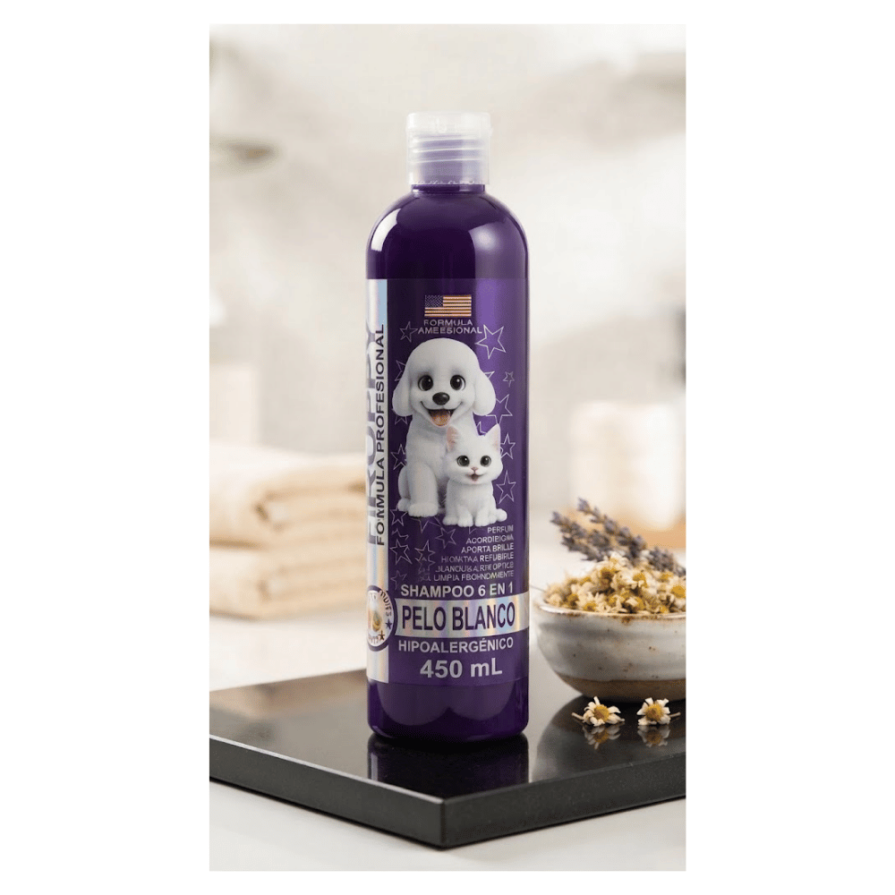 FRUPPY Shampoo 6 en 1 Pelo Blanco Hipoalergénico para Perros y Gatos - 450 ml