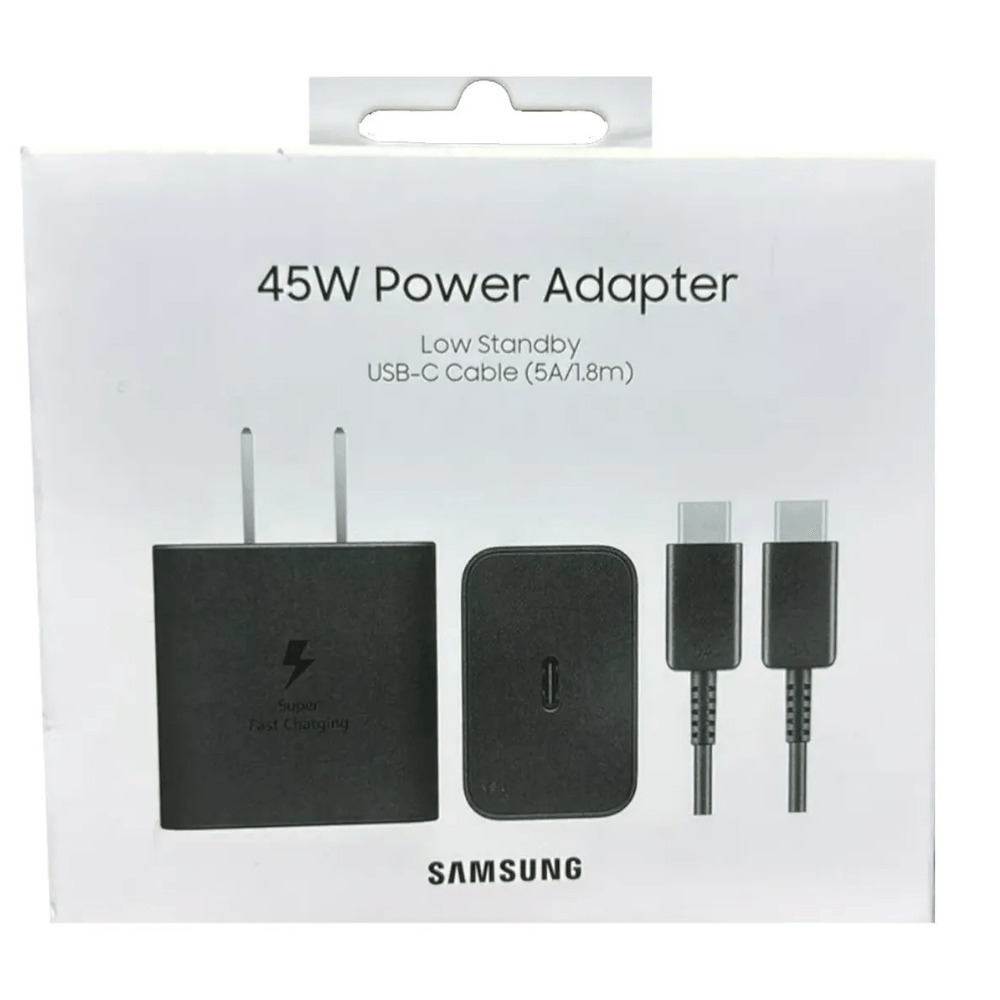 CARGADOR COMPLETO DE 45W SAMSUNG ORIGINAL CUBO Y CABLE DE USB-C A USB-C 1.8M NEGRO