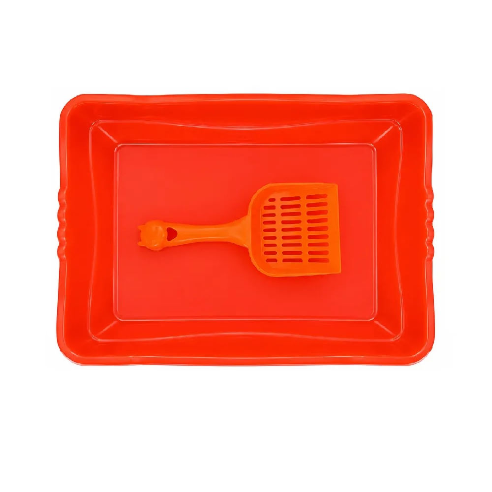 Arenero Básico De Plástico Para Gatos Tamaño Mediana Color Naranja Con Palita