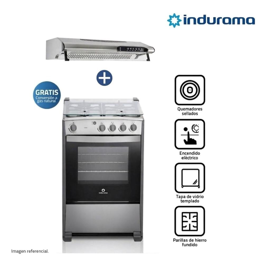 Combo Cocina Indurama Coruña 4 Hornillas Croma MÁS Campana Extractora 3 Vel cei-602crp