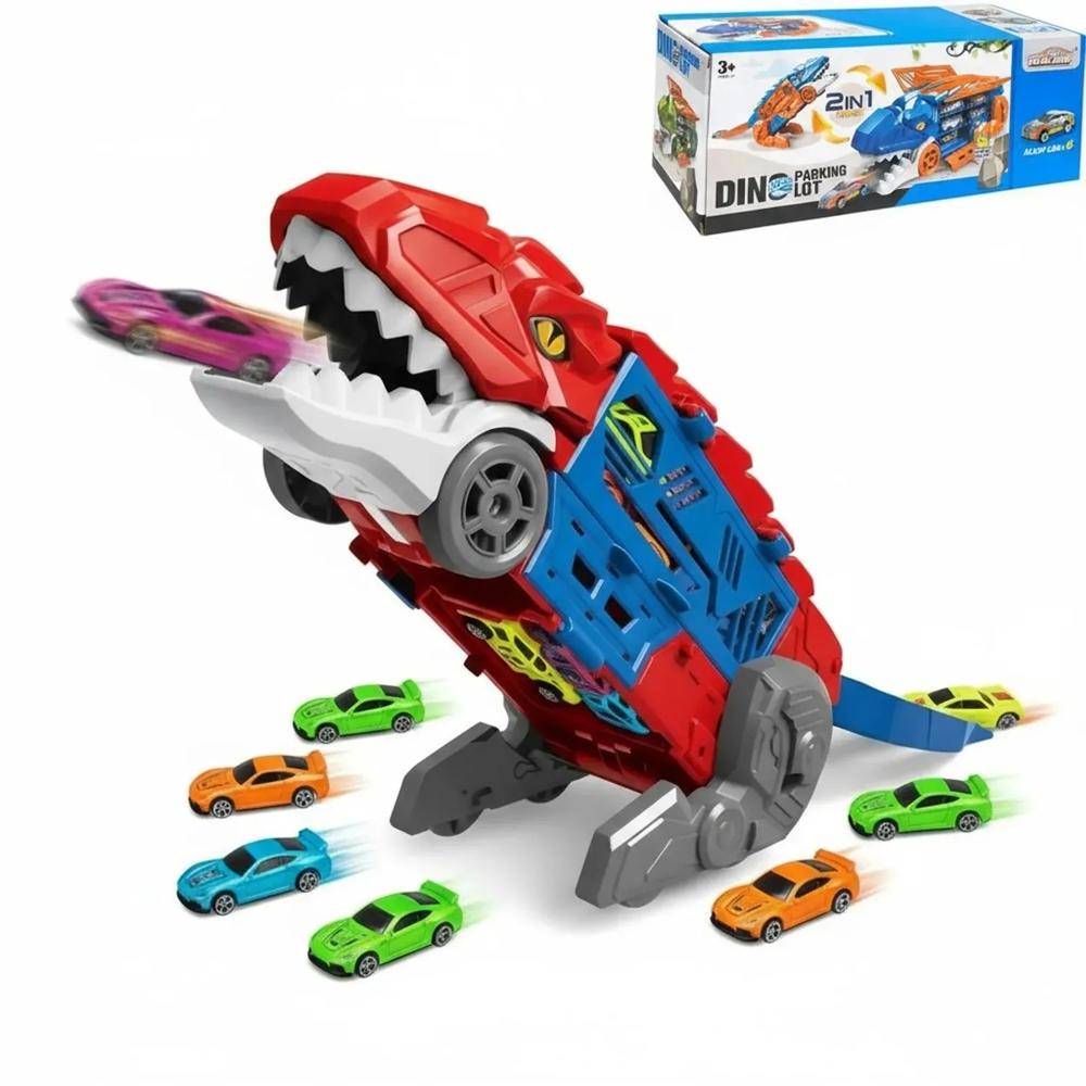 DINO TRUCK LANZA CARROS -  6 CARRITOS DE REGALO.