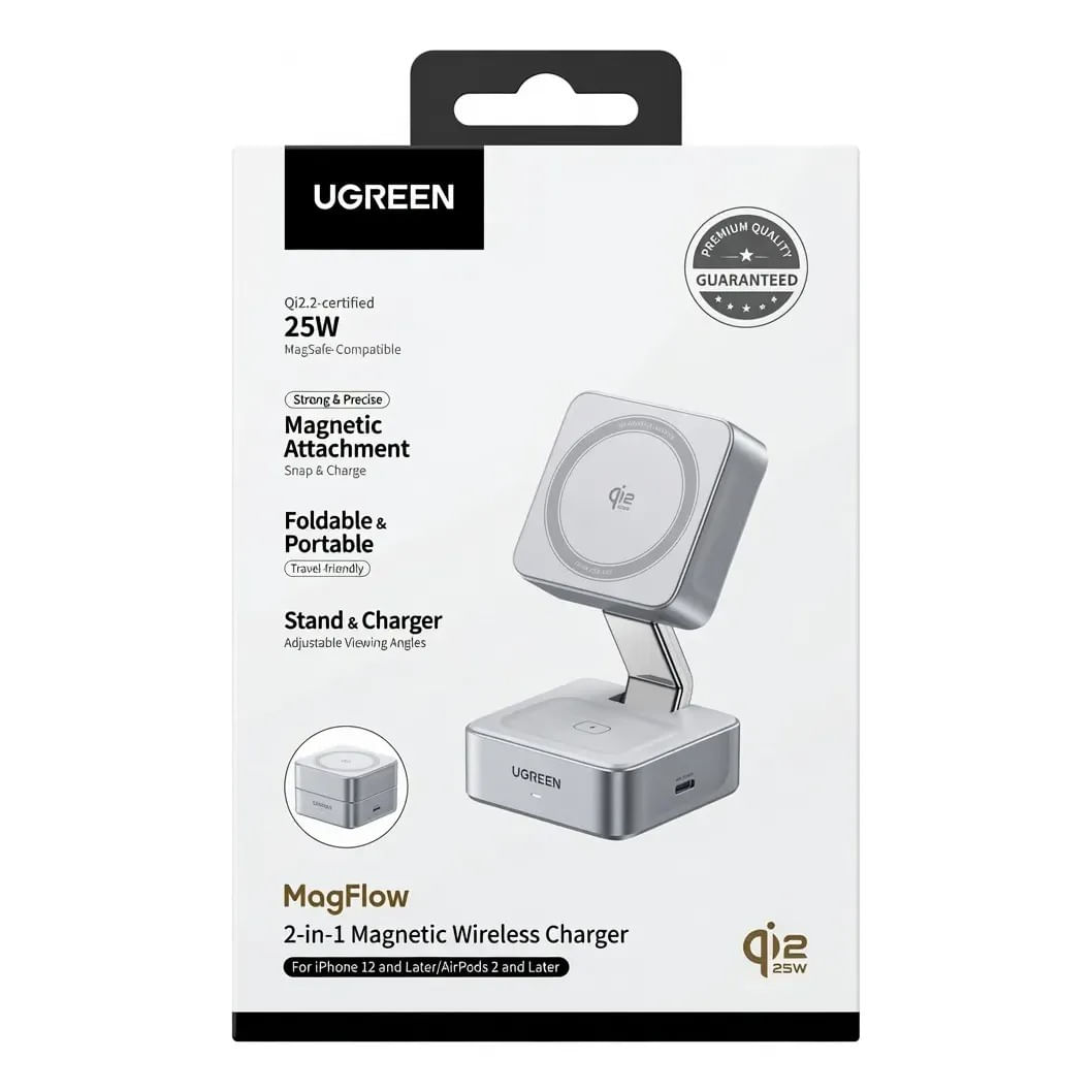 Cargador Inalámbrico Magnético UGREEN 55960B MagFlow 2 en 1 Qi2 25W para iPhone AirPods - Gris