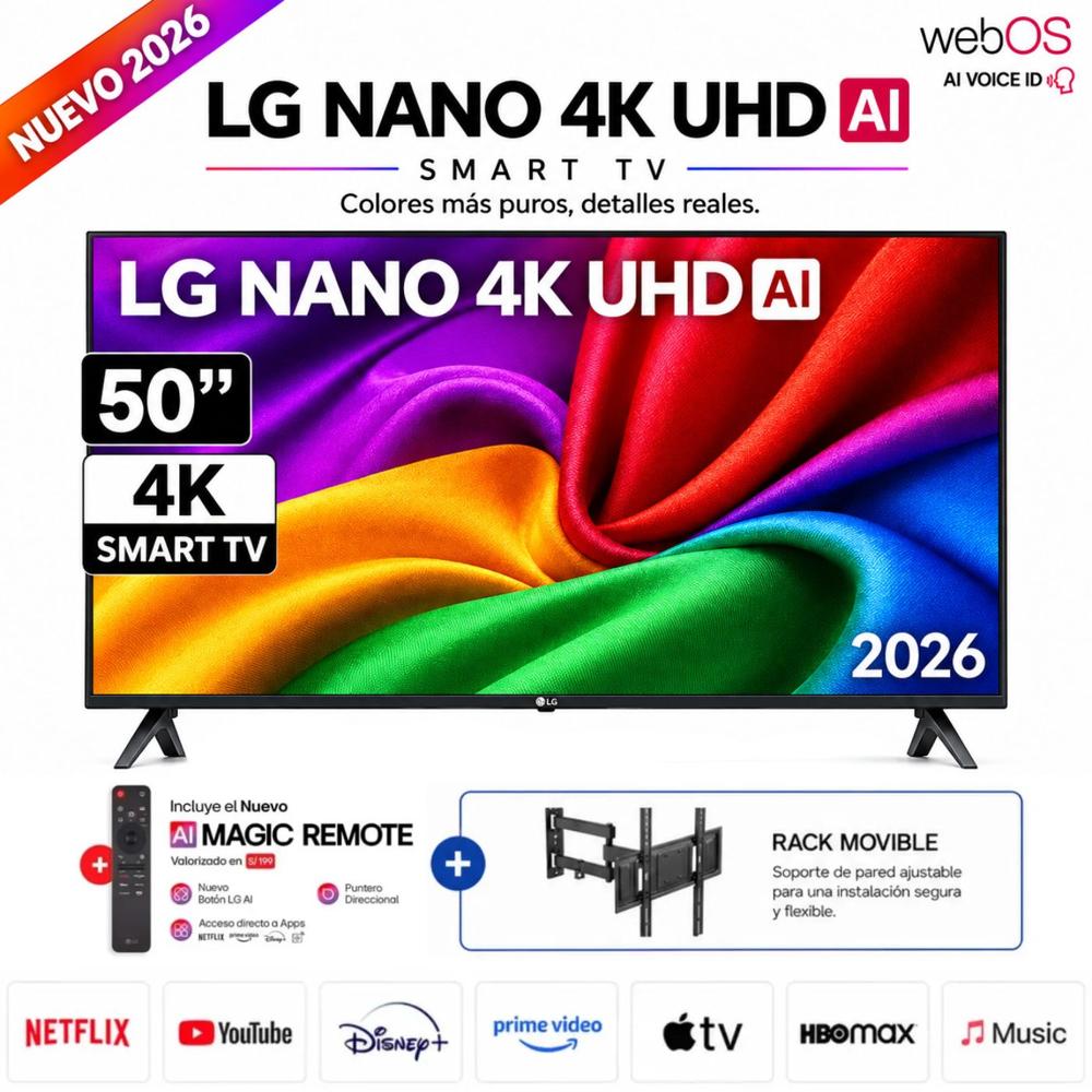 Televisor LG Smart TV NANO 50 4K UHD 50NU800BPSC 2026 y Rack Movible