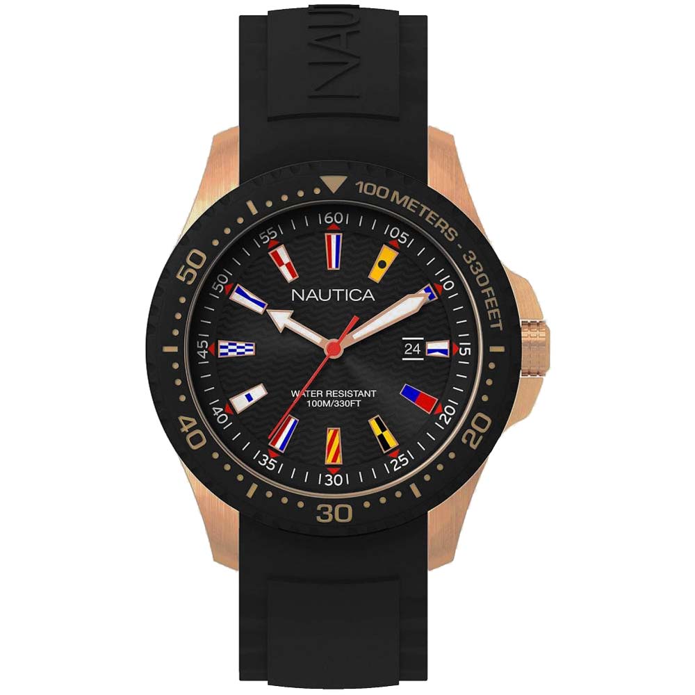 Reloj Nautica Jones Beach NAPJBC006 Fecha Acero Rose Gold  Correa de Silicona Negro