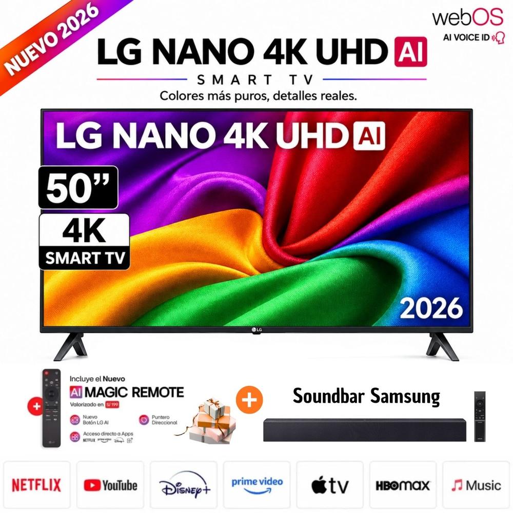 Televisor LG Smart TV NANO 50 4K UHD 50NU800BPSC 2026 y Soundbar Samsung