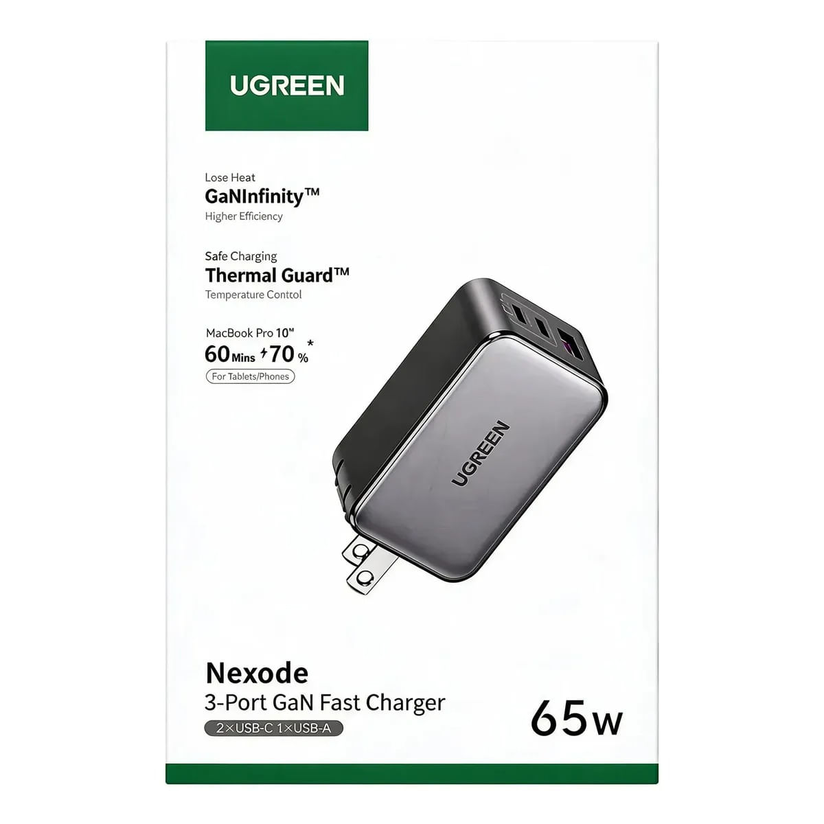 Cargador UGREEN Nexode 10334 65W GaN 2USB-C  1USB-A Carga Rápida PD Compacto MacBook iPhone