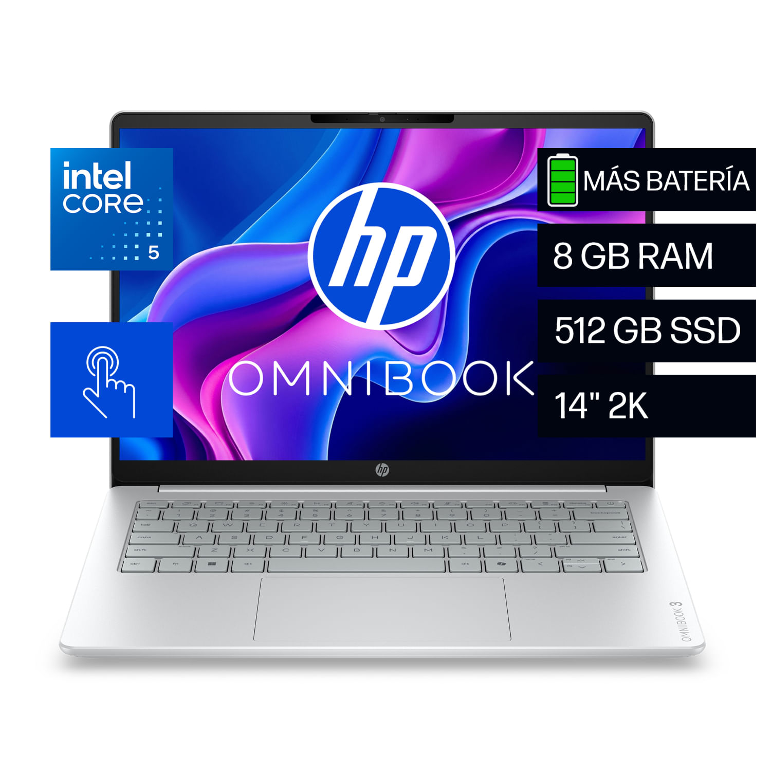 Laptop HP OmniBook 3 14-hu0052la, Intel Core 5, 8 GB RAM, 512 GB SSD, 14" Táctil 2K, Windows 11 Home