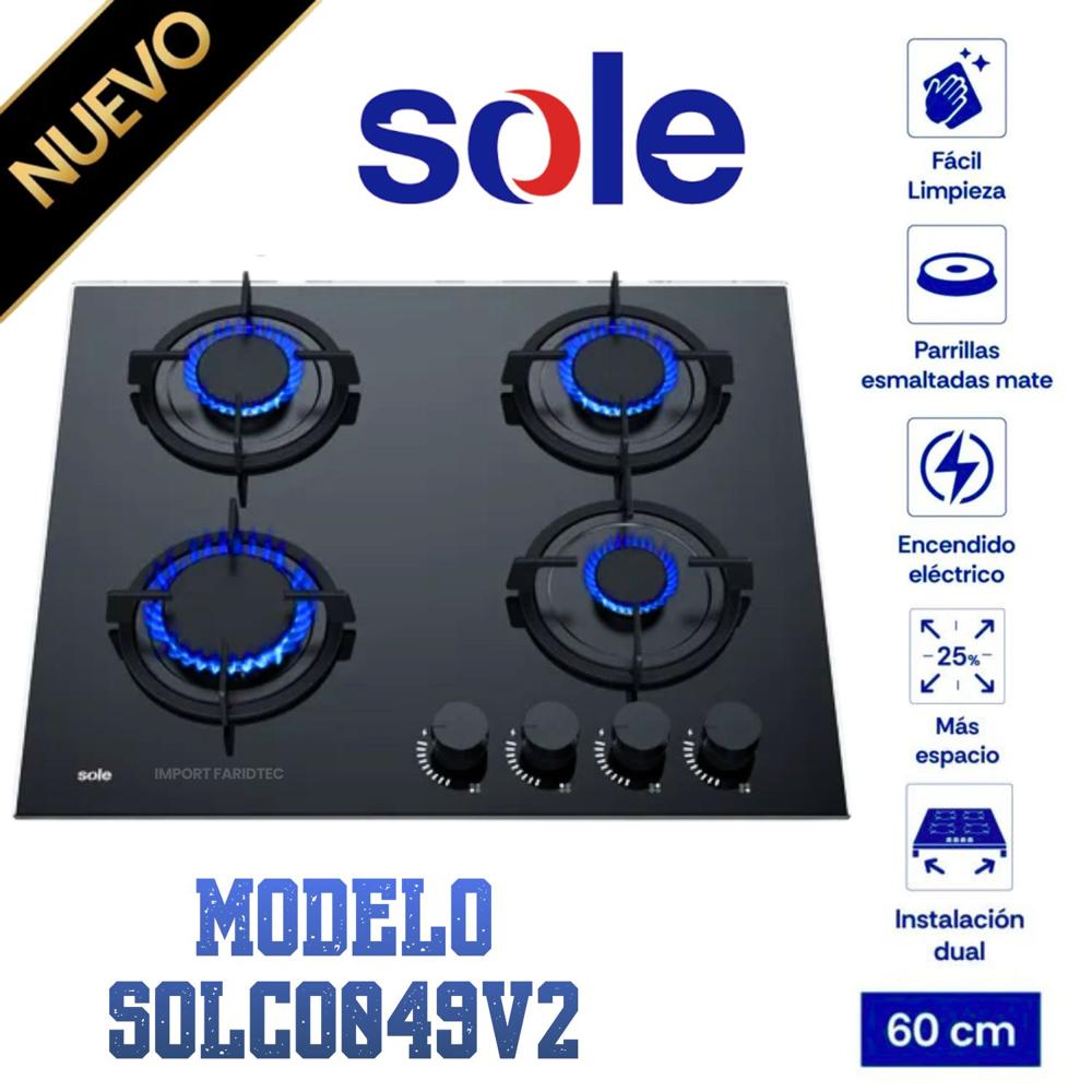 Cocina a Gas Empotrable Vidrio Templado Sole A Gas  60cm SOLCO049V2 4 Hornillas