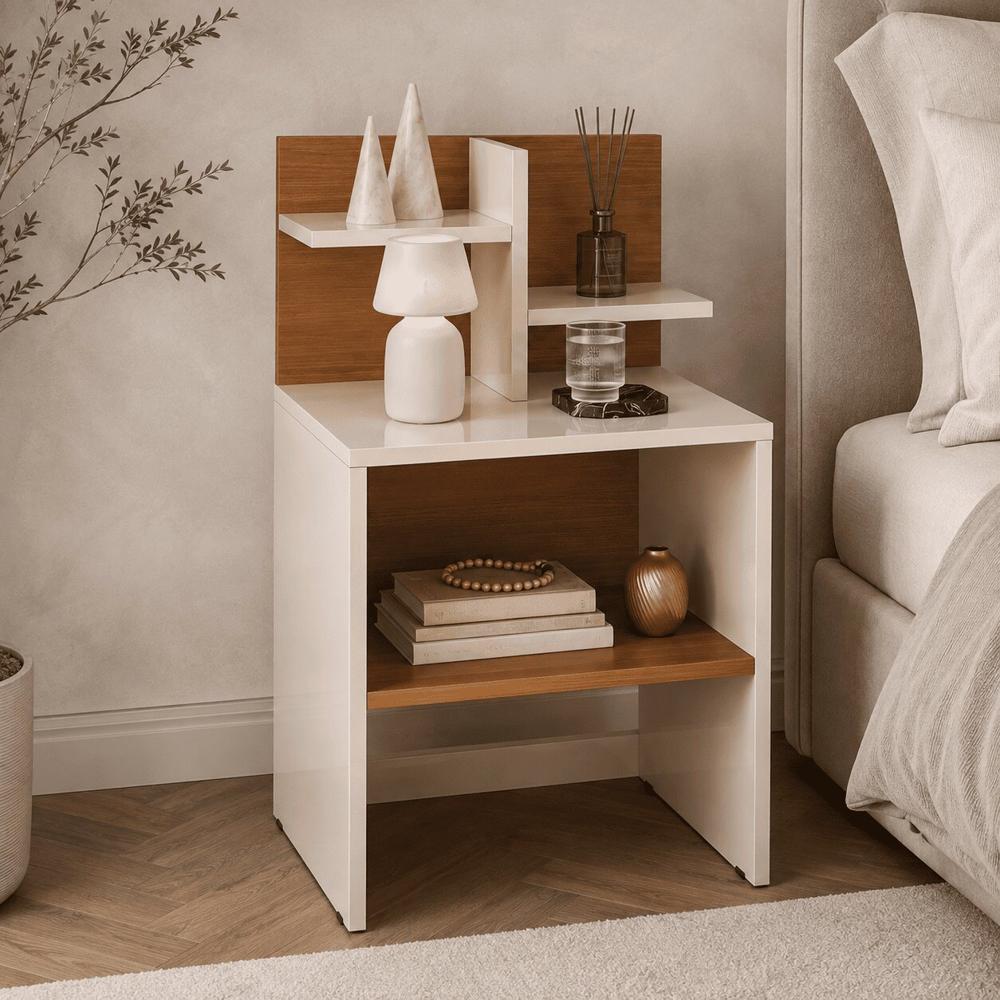 Velador Mila Multifuncional Repisas Blanco High Gloss TU MESITA Canto Delgado