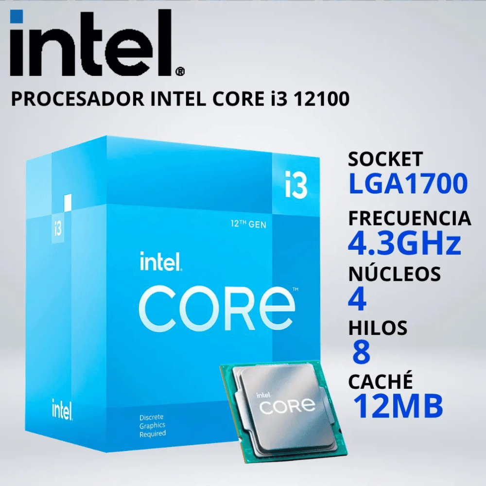 PROCESADOR INTEL CORE i3-12100 LGA1700 4.3GHz 12MB GRAFICOS INTEL UHD 730 - FAN-COOLER 031627.