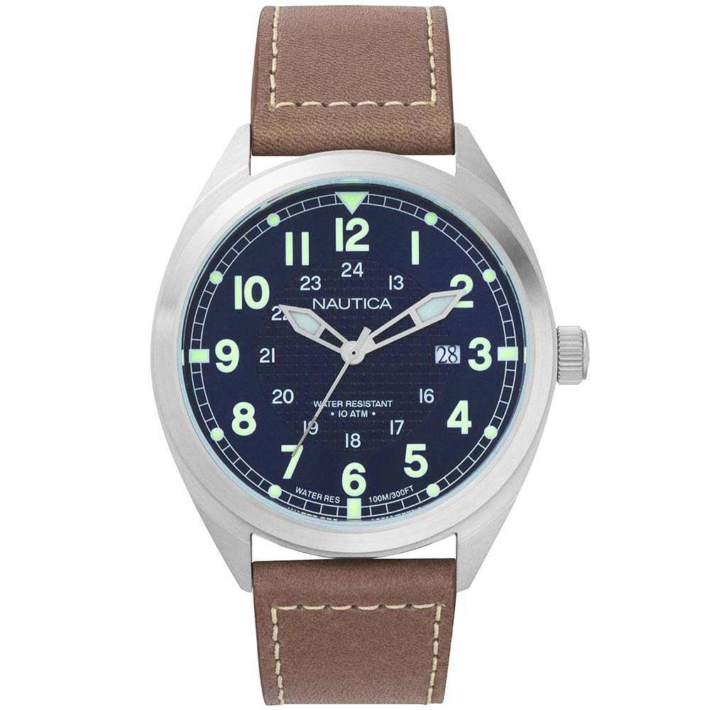 Reloj Nautica Battery Park NAPBTP002 Fecha Correa de Cuero Marrón Dial Azul