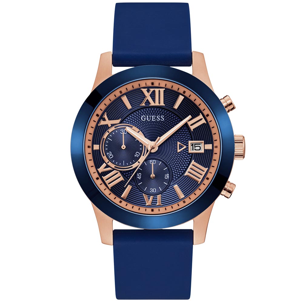 Reloj Guess Atlas W1055G2 Fecha Cronómetro Acero Rose Gold Correa de Silicona Azul