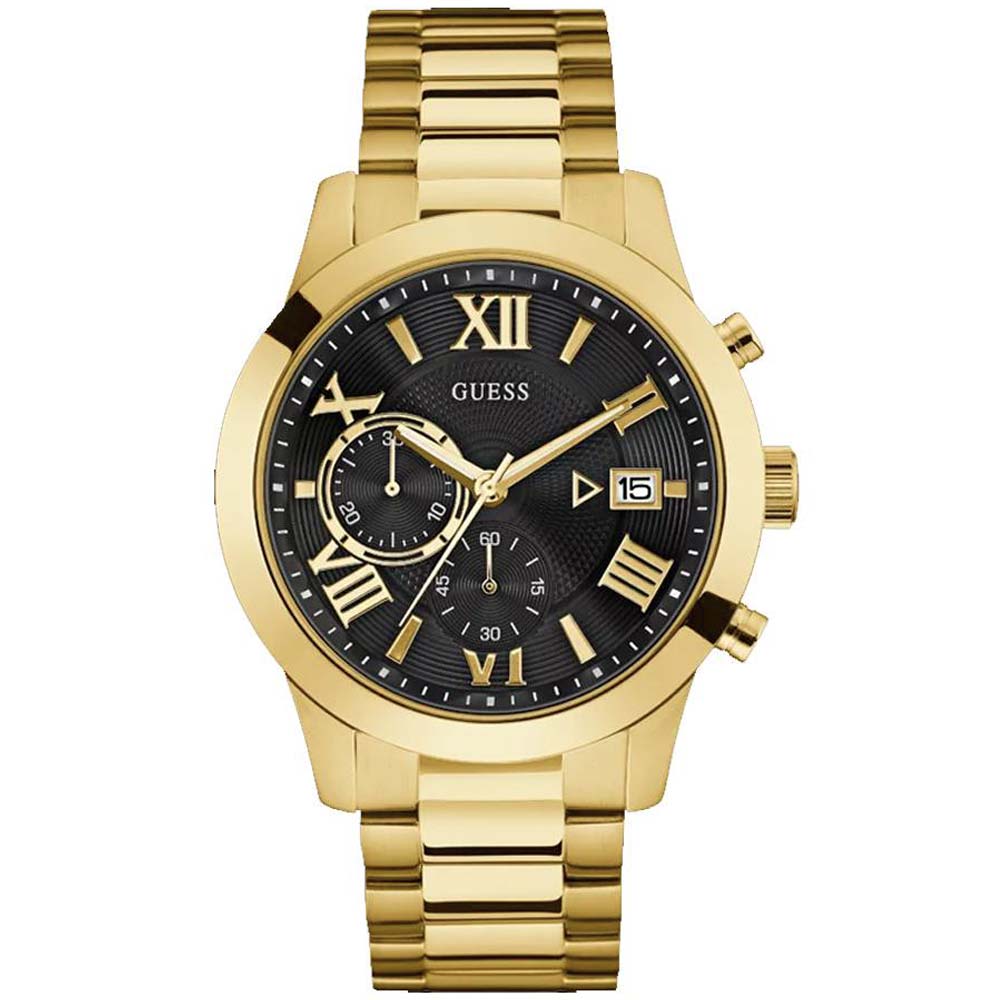 Reloj Guess Atlas W0668G8 Fecha Cronómetro Acero Inoxidable Dorado Dial Negro