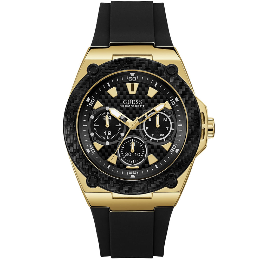 Reloj Guess Legacy U1049G5 W1049G5 Multifuncional Acero Dorado Correa de Silicona Negro