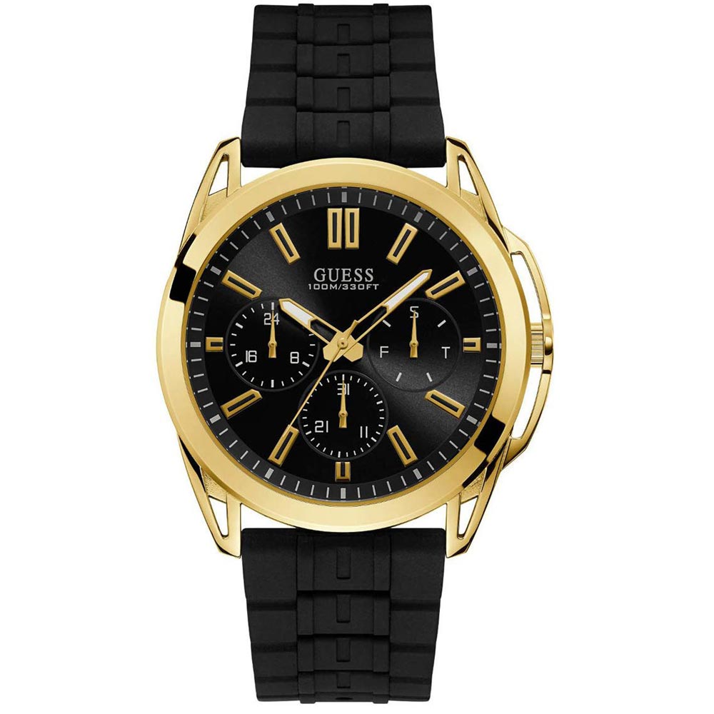 Reloj Guess Vertex W1177G2 Multifuncional Acero Dorado Correa Silicona Negro