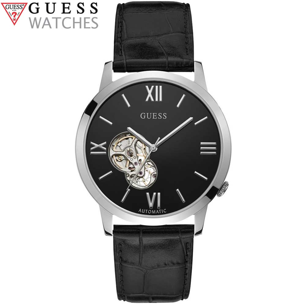 Reloj Guess Automatico Open Heart W1267G1 Correa de Cuero y Dial Negro