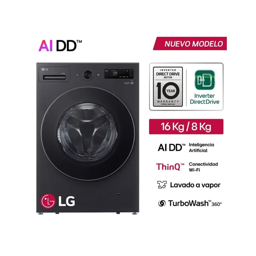 Lavaseca De 16kg Lavado 8kg Secado Ai Dd  Thinq Negro Mate