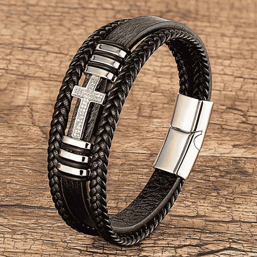 Pulsera De Cuero y Acero inoxidable CRUZ Negra 21 cm