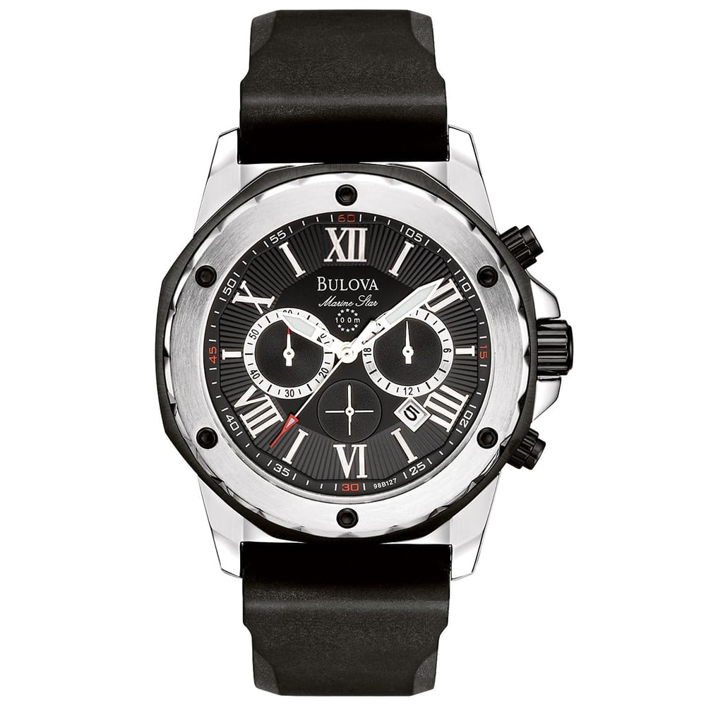 Reloj Bulova Marine Star 98B127 Fecha Cronometro Correa Silicona Negro