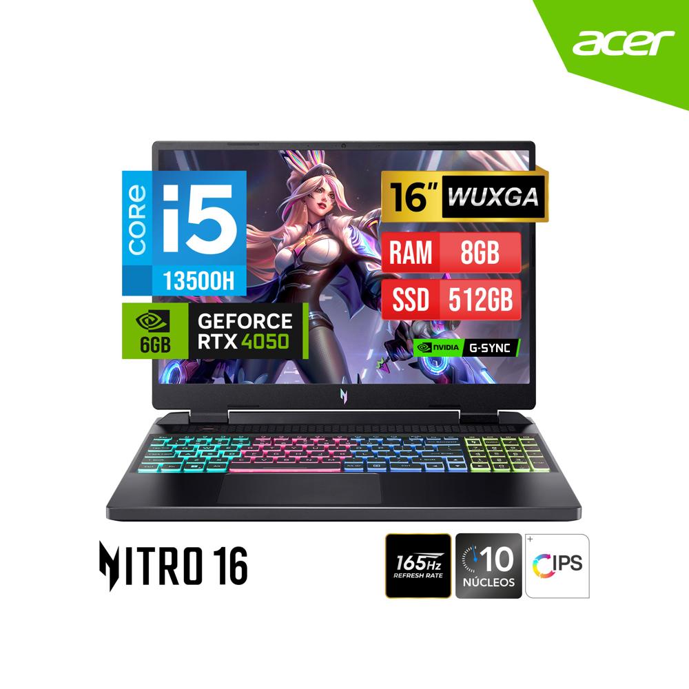 LAPTOP ACER NITRO 16 AN16 51 54NQ 16 WUXGA I5 13500H RAM 8GB DDR5 512GB SSD RTX4050 6GB  FreeDOS