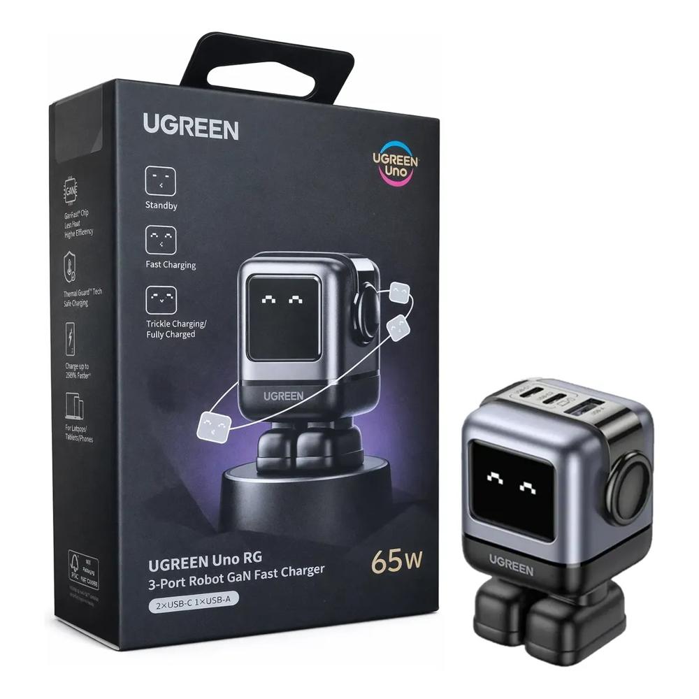 Cargador UGREEN Robot 15570 65W GaN 2USB-C  1USB-A Carga Rápida PD Pantalla LED MacBook iPhone
